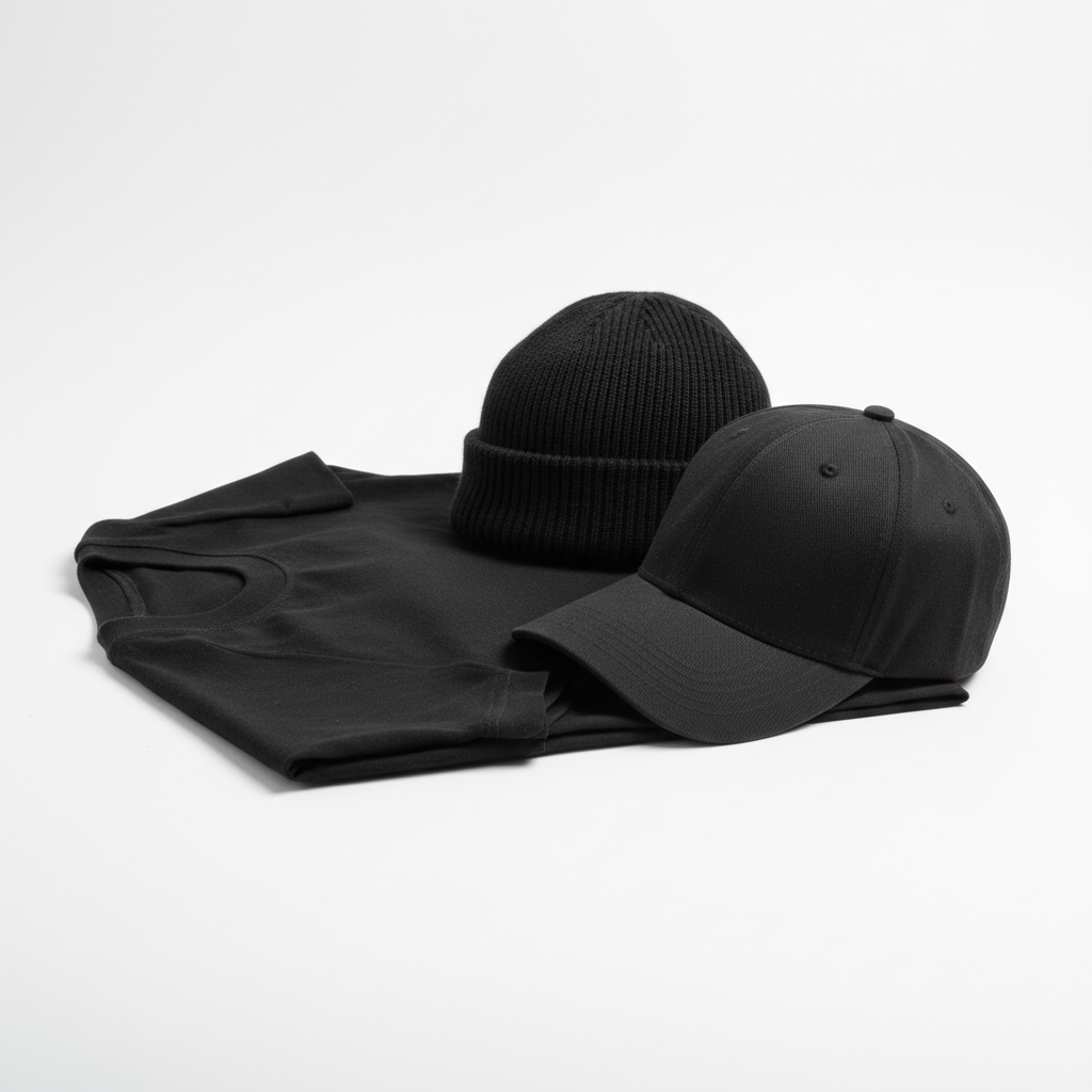 Plain unbranded black motorcycle lifestyle apparel set with tee, beanie, and cap, side view on white background