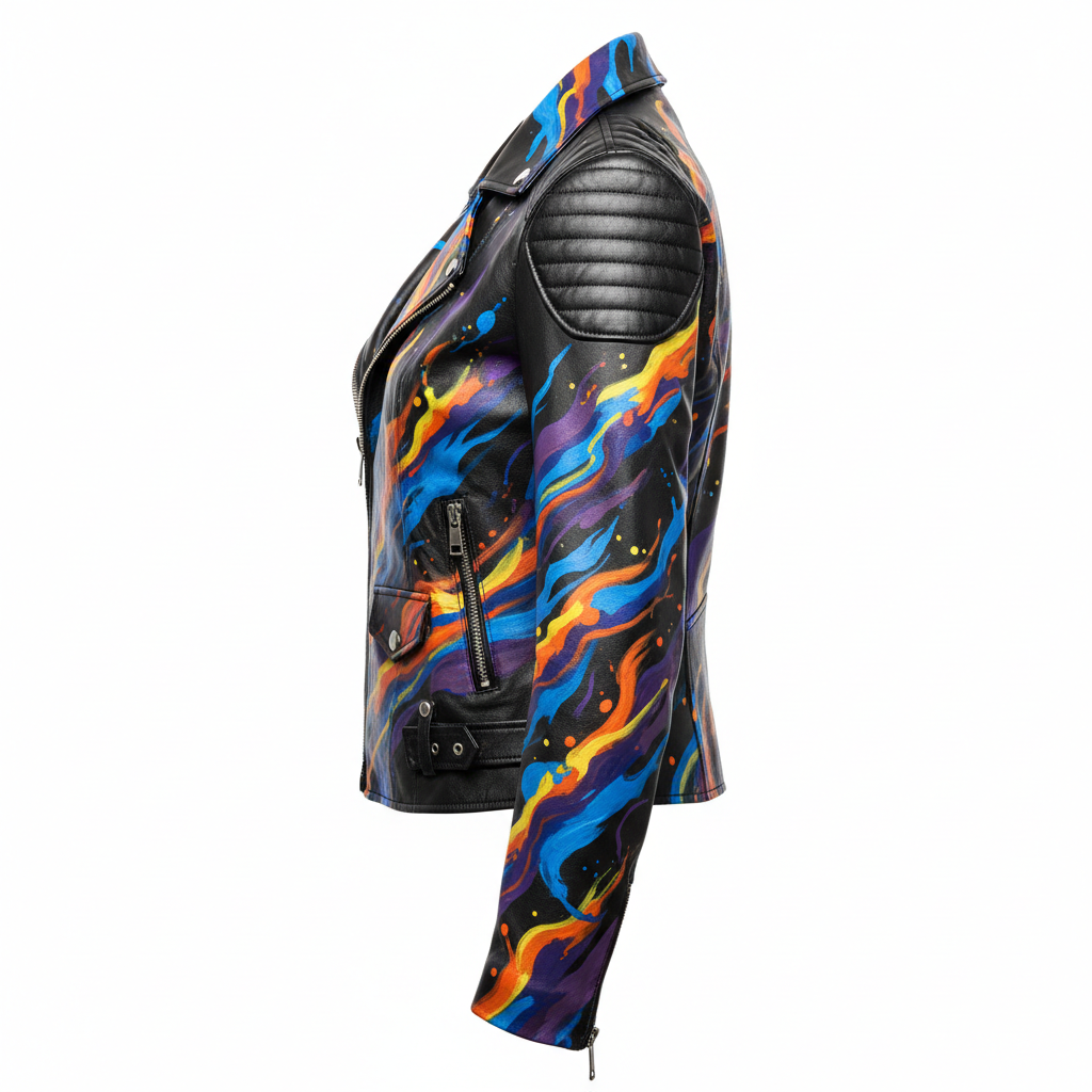 Hand-painted women's black leather motorcycle jacket with bold signature design artwork, side profile view showing sleeve detail and side panel artwork