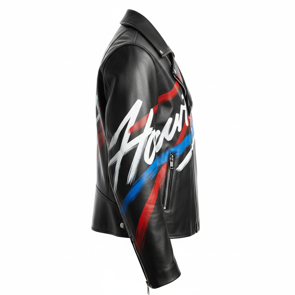 Hand-painted black leather motorcycle jacket with bold signature design artwork, side profile view showing sleeve detail and side panel artwork