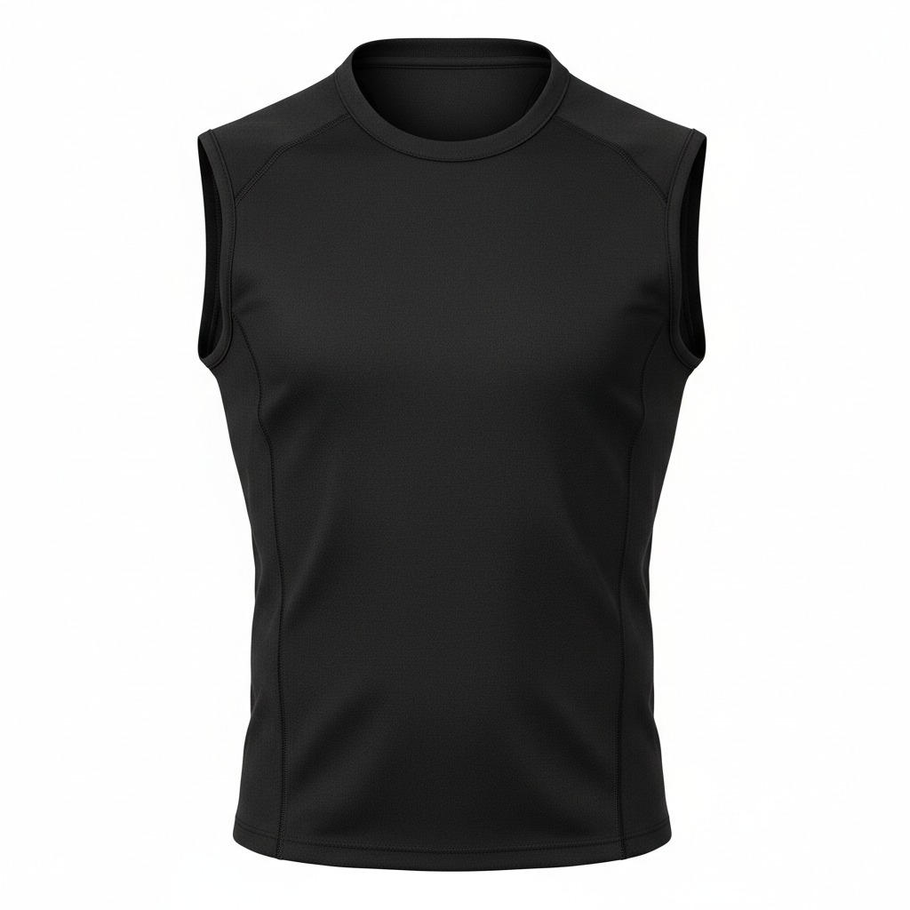 Plain black heated motorcycle riding vest and base top, front view on white background