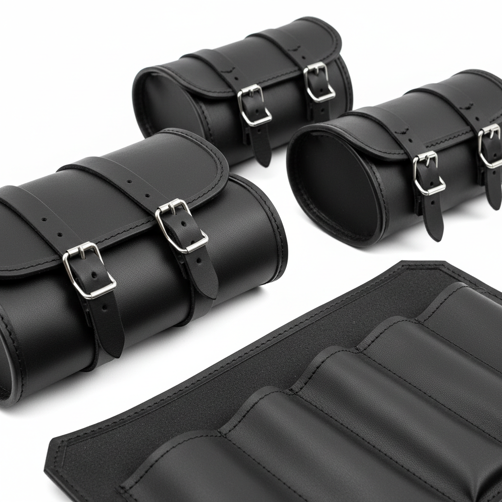 Close-up of plain unbranded black leather grain, reinforced seams, and edge detail on motorcycle tool rolls and fork bags