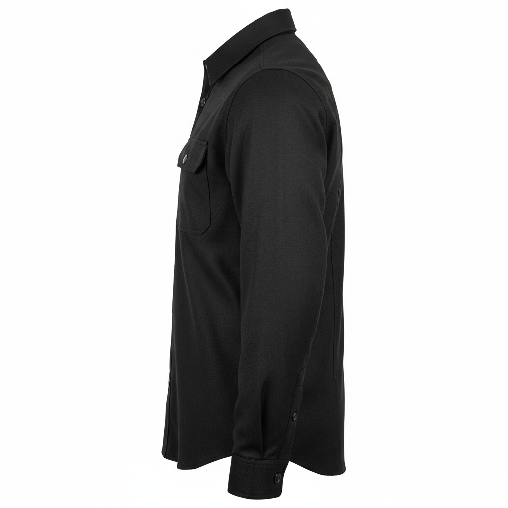 Plain black Kevlar motorcycle riding flannel and casual protective overshirt, side view on white background
