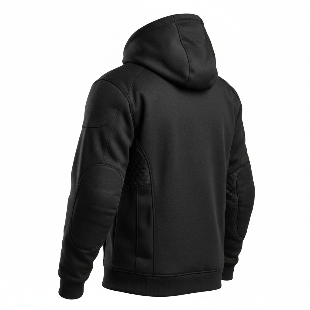 Plain unbranded black Kevlar aramid-lined motorcycle hoodie, three-quarter rear view on white background
