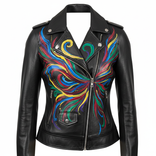 Hand-painted women's black leather motorcycle jacket with bold signature design artwork, front view on invisible mannequin, striking large-scale artwork on chest and shoulders