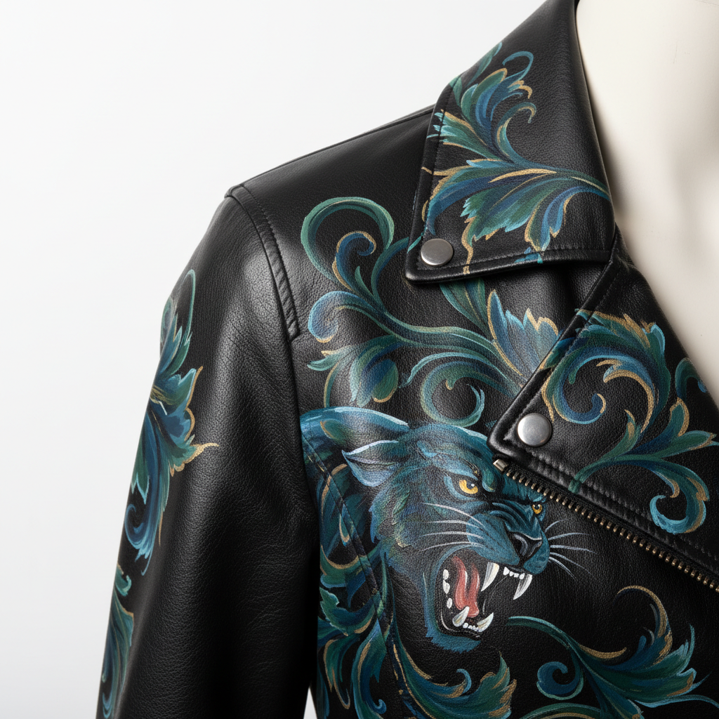 Hand-painted women's black leather motorcycle jacket, extreme detail close-up of artwork on shoulder and chest showing brush strokes and paint texture