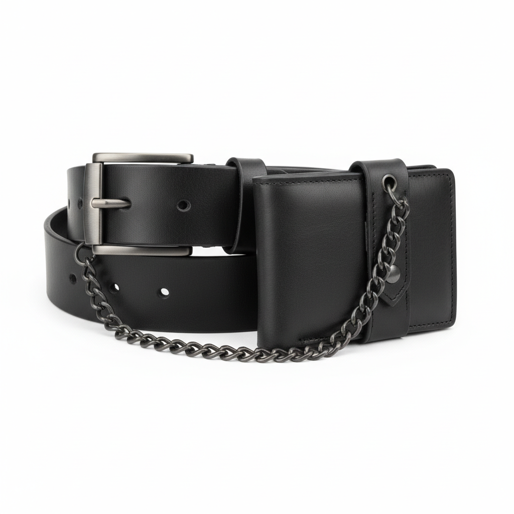 Plain unbranded black heavy-duty leather motorcycle riding belt and matching chain wallet, three-quarter front view on white background