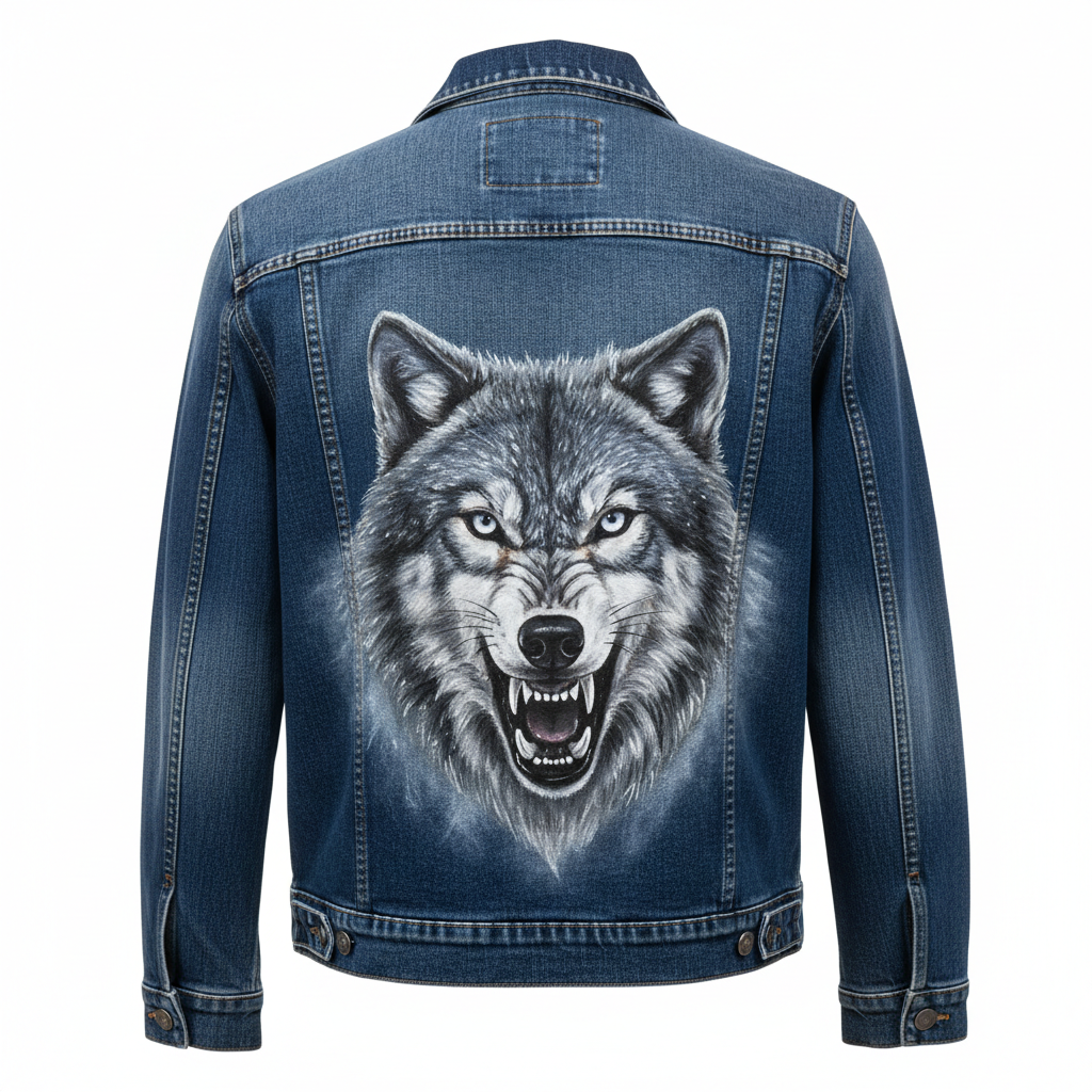 Hand-Painted Casual Denim Jacket Signature Design - Timber Wolf Back View