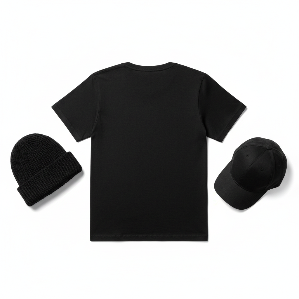Plain unbranded black motorcycle lifestyle apparel set with tee, beanie, and cap, rear view on white background