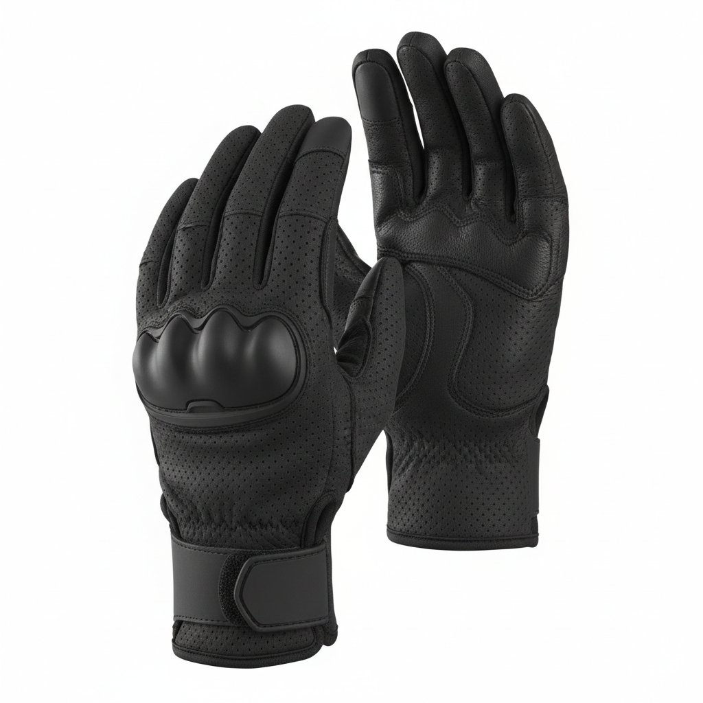 Plain unbranded black perforated short-cuff motorcycle street riding gloves, three-quarter rear view on white background