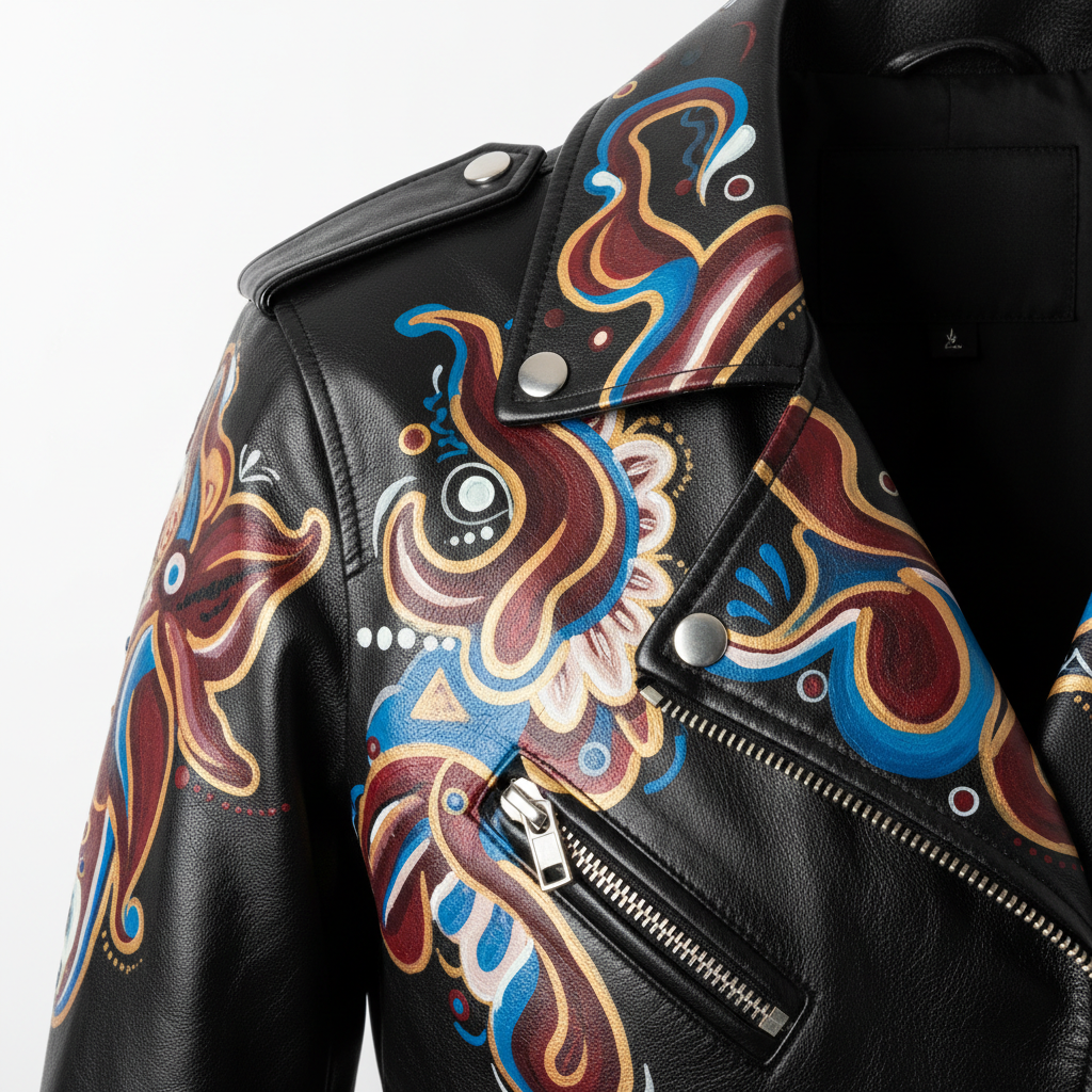 Hand-painted women's black leather motorcycle jacket with signature design, extreme detail close-up of artwork on shoulder and chest showing brush strokes and paint texture