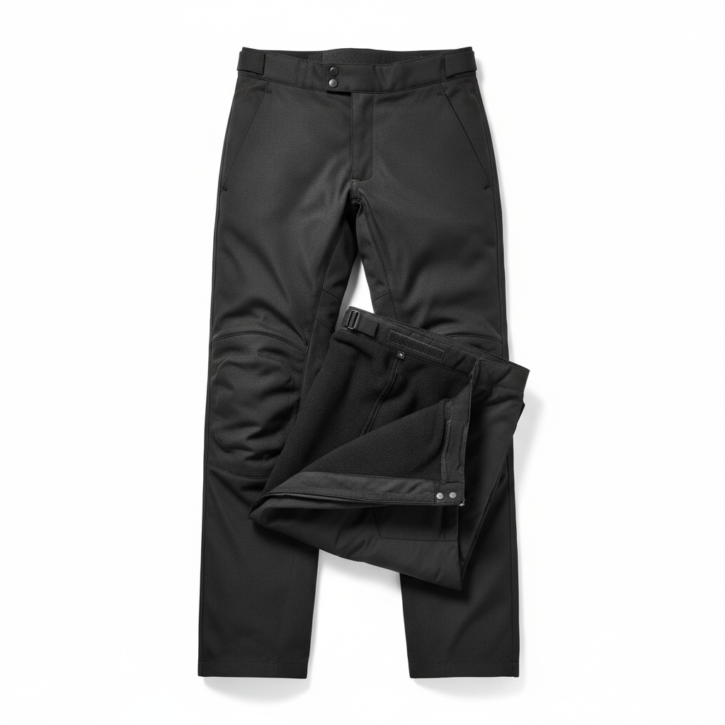 Plain black heated motorcycle riding pants and liner, overhead flat lay on white background