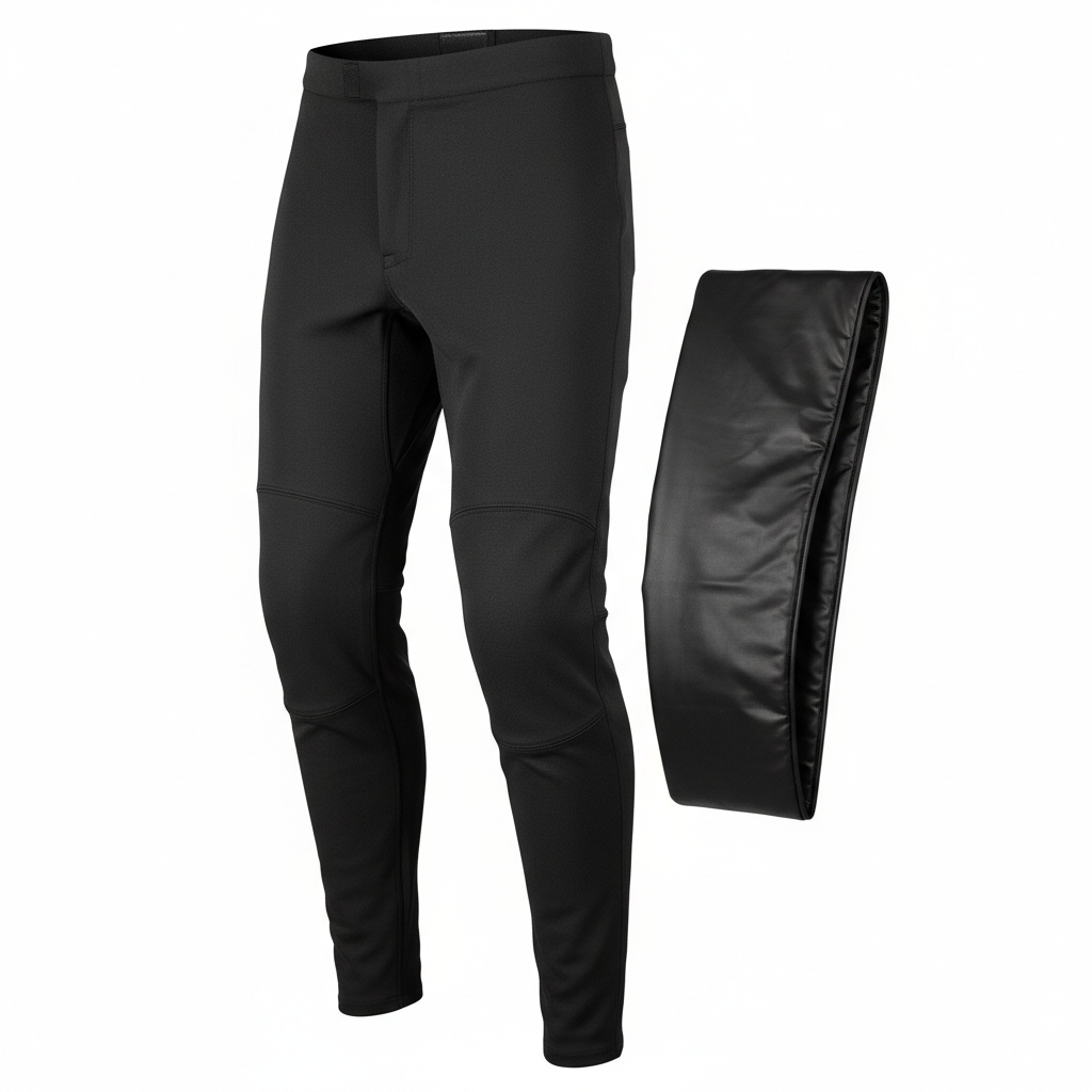 Plain black heated motorcycle riding pants and liner, three-quarter front view on white background