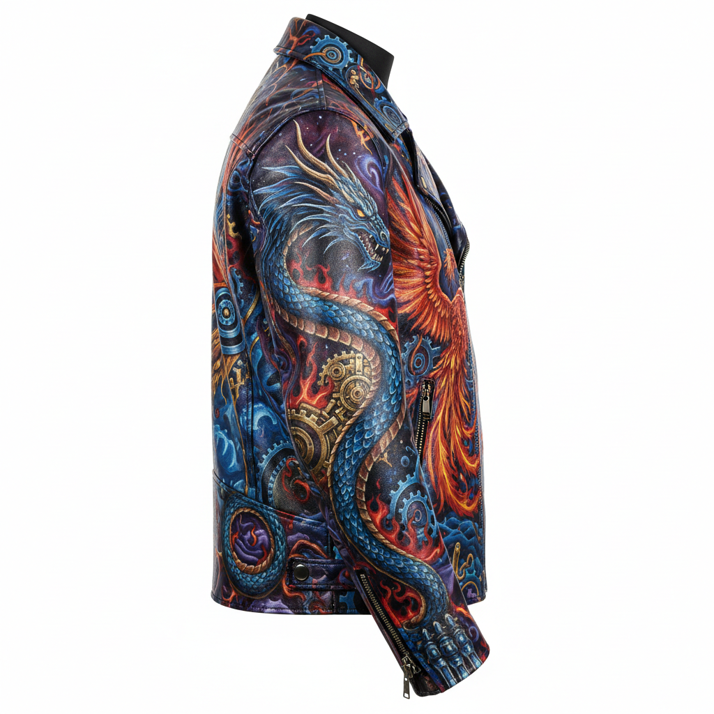 Hand-painted black leather motorcycle jacket with full custom masterpiece artwork, side profile view showing sleeve detail and side panel artwork
