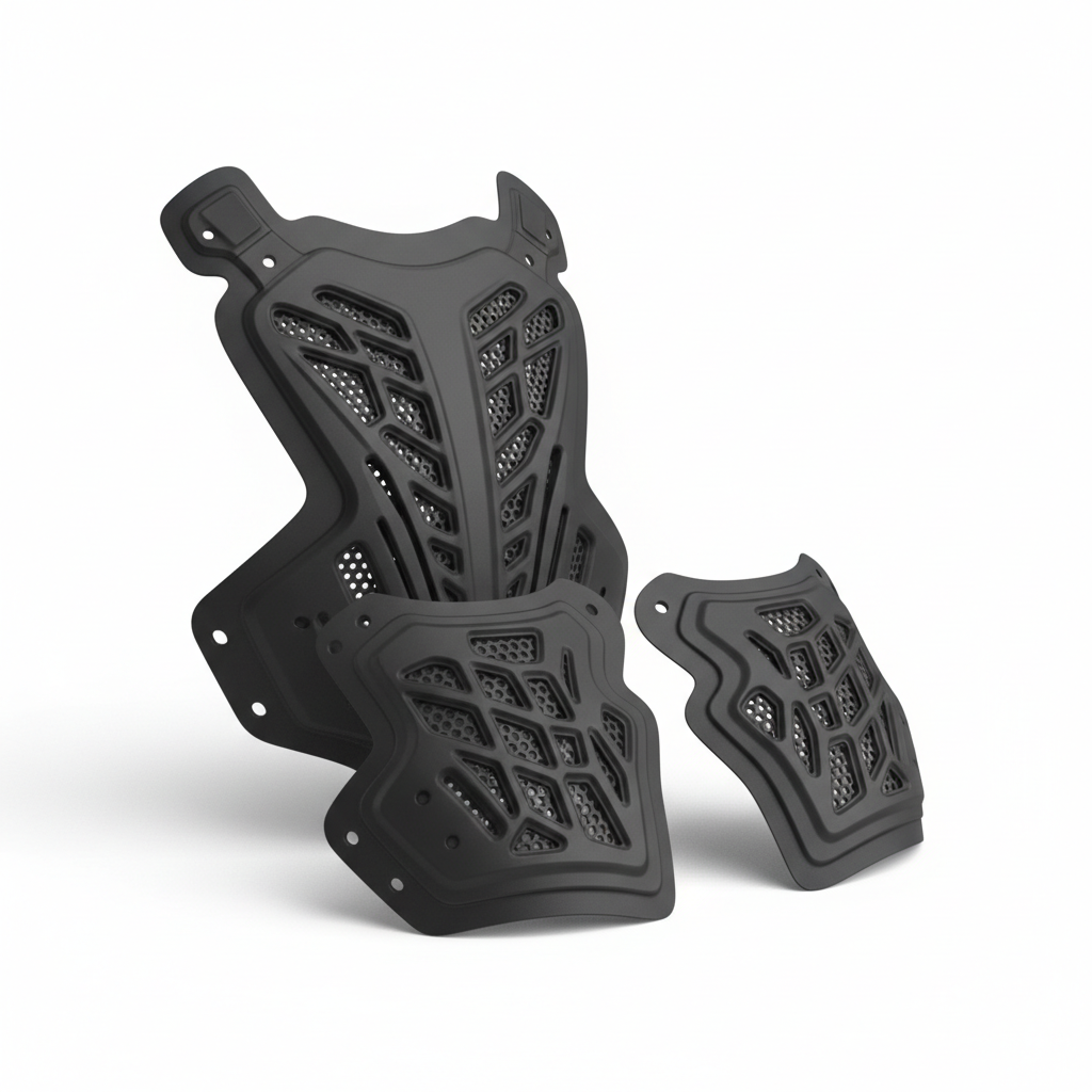 Plain unbranded matte black CE Level 2 motorcycle back and chest armor insert set, three-quarter front view on white background