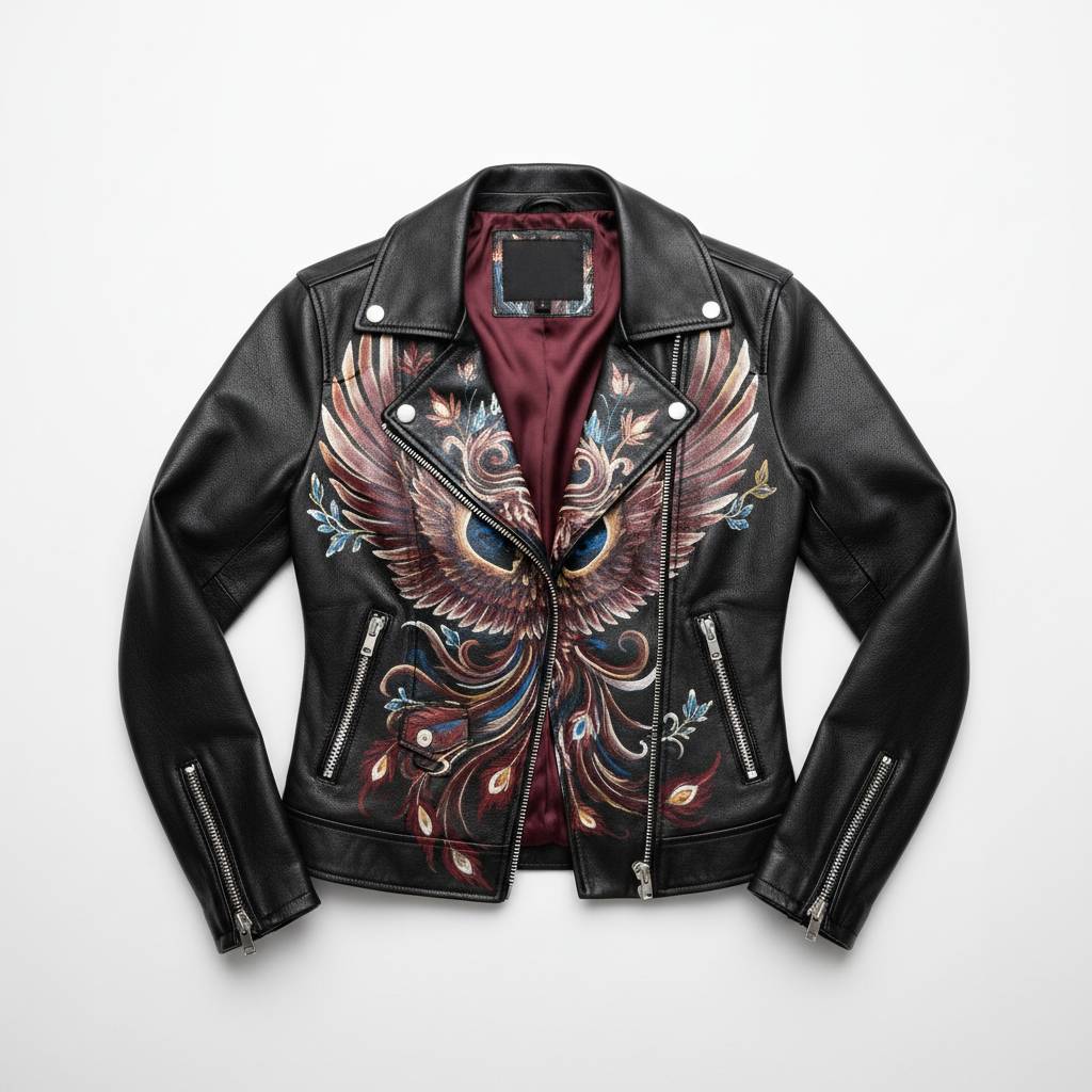 Hand-painted women's black leather motorcycle jacket, flat lay view showing full artwork and interior lining