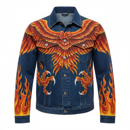 Hand-Painted Casual Denim Jacket Full Custom Masterpiece - Phoenix & Dragon Front View