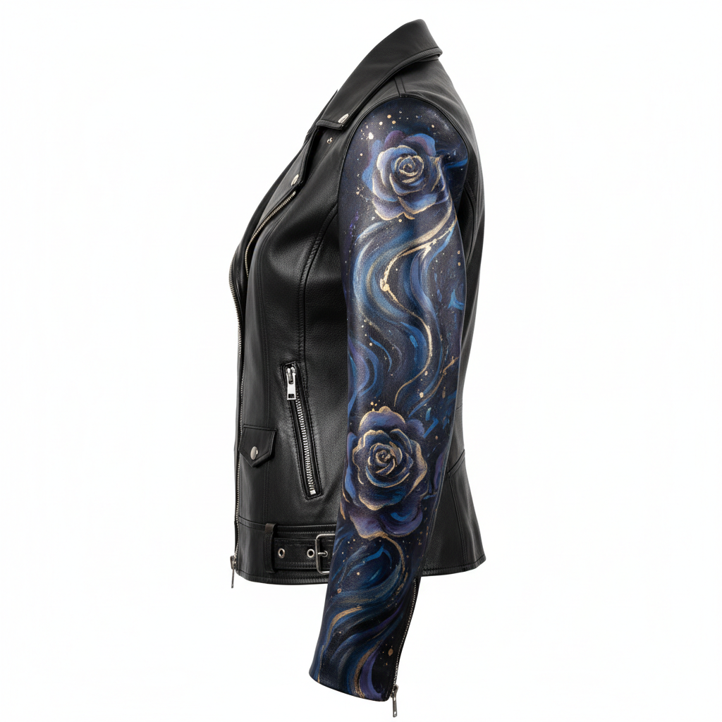 Hand-painted women's black leather motorcycle jacket with signature design, side profile view showing sleeve detail and side panel artwork