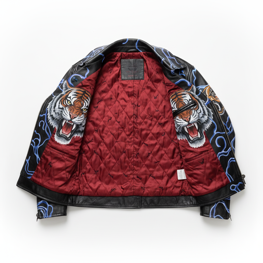Hand-painted black leather motorcycle jacket, flat lay view showing full artwork and interior lining