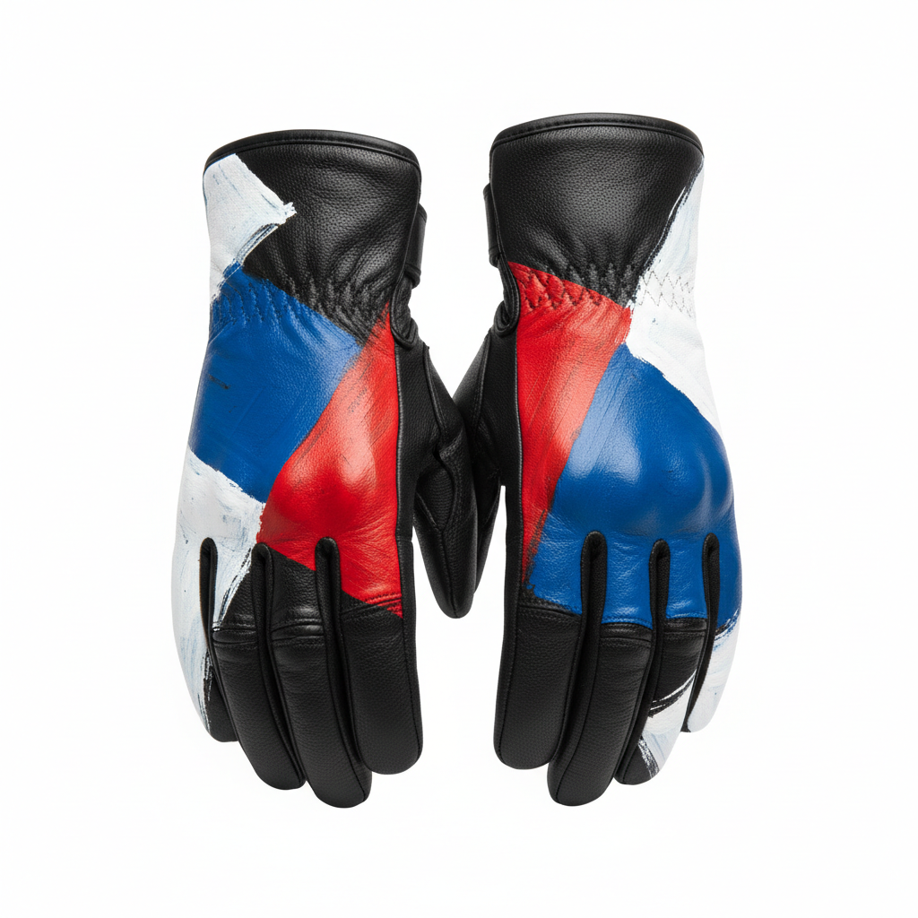 Black leather motorcycle gloves with hand-painted red white and cobalt-blue abstract artwork, three-quarter front view on white background