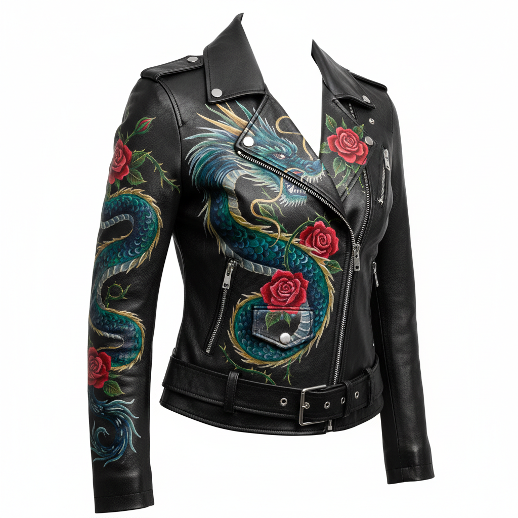 Hand-painted women's black leather motorcycle jacket with detailed artwork, 3/4 front view showing depth and dimension with artwork on chest, shoulder, and sleeve