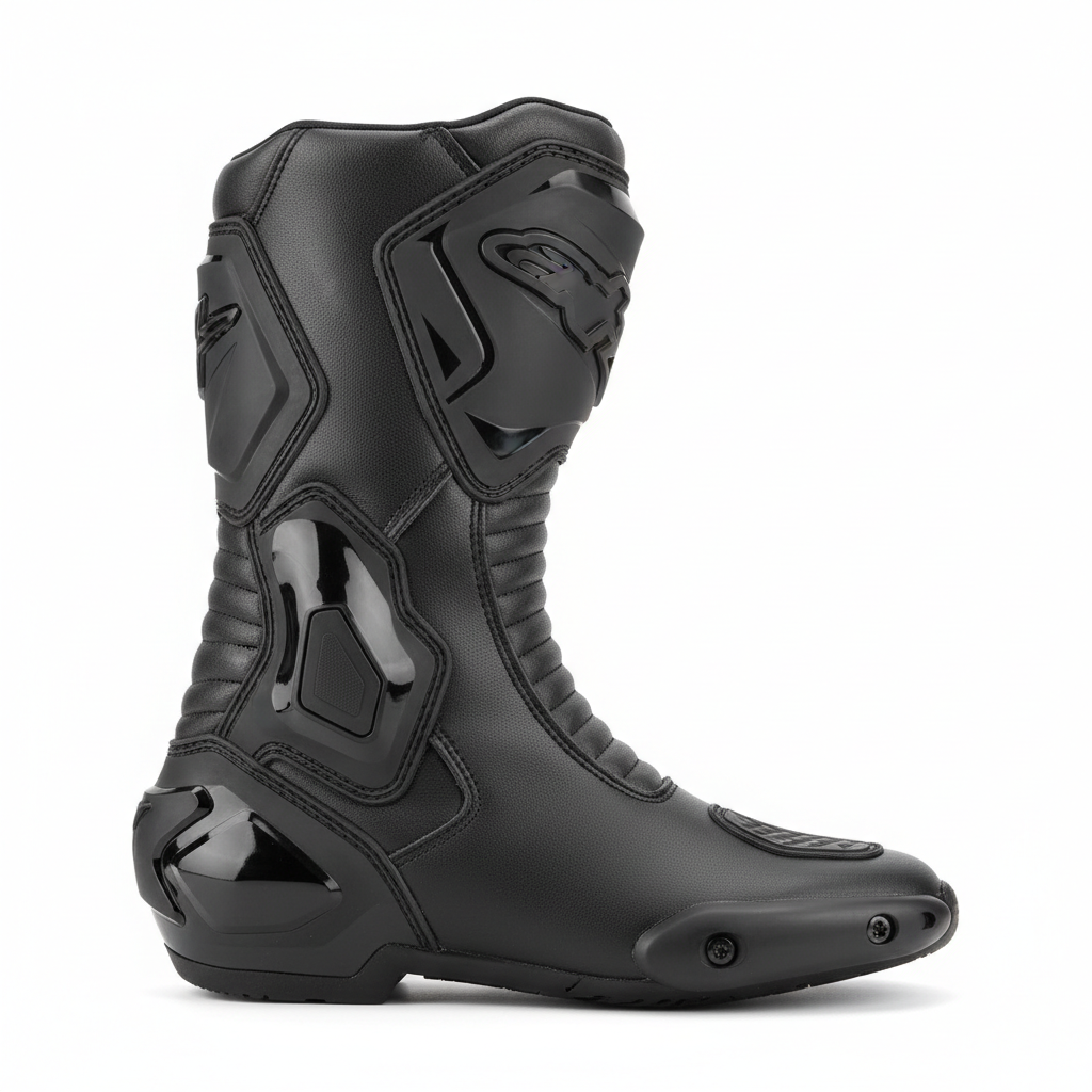 Plain black motorcycle racing boots, side view on white background