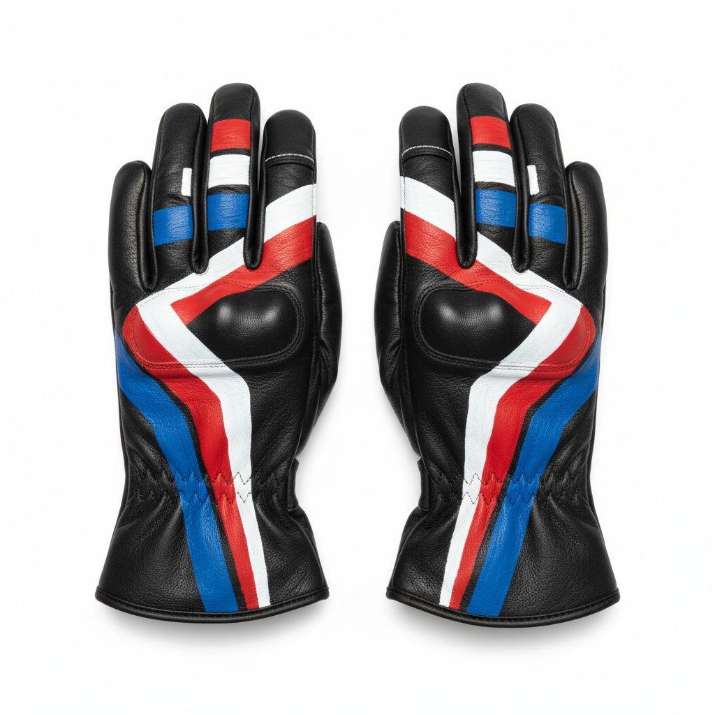 Black leather motorcycle gloves with hand-painted red white and cobalt-blue abstract artwork, overhead flat lay on white background