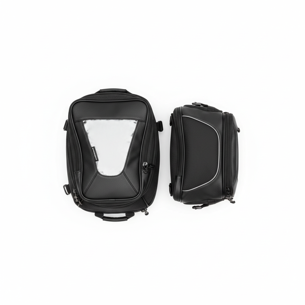 Plain unbranded black motorcycle tank and tail bags, overhead flat lay on white background