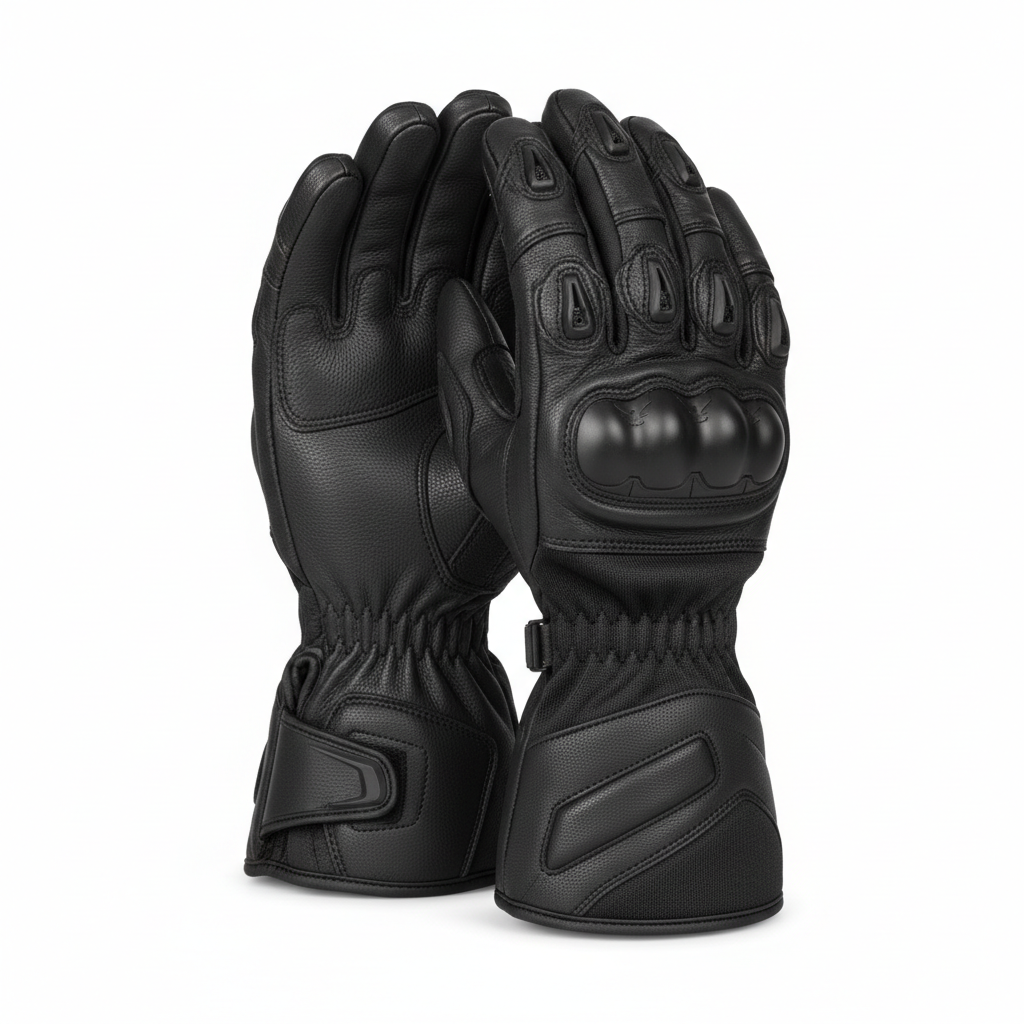 Plain black motorcycle racing gloves, three-quarter rear view on white background