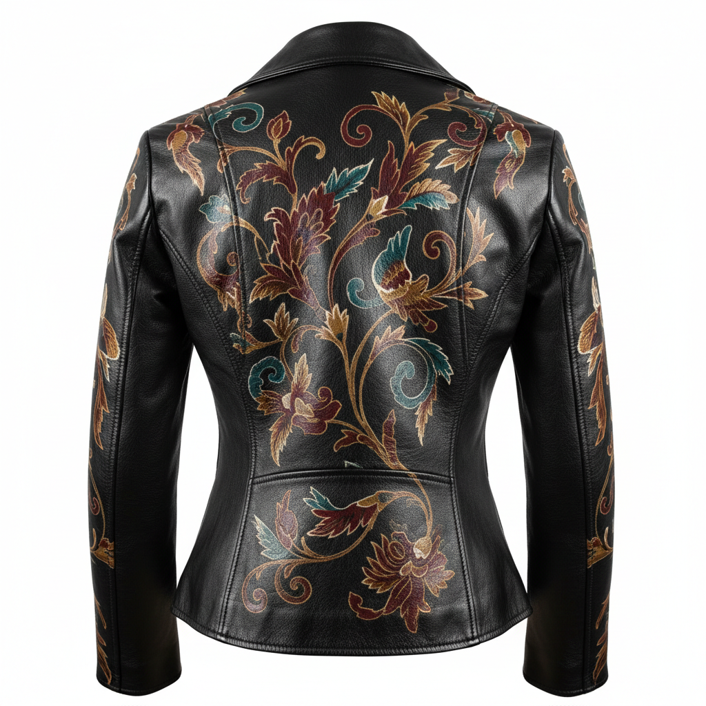 Hand-painted women's black leather motorcycle jacket, back view on invisible mannequin, elegant artwork across back panel