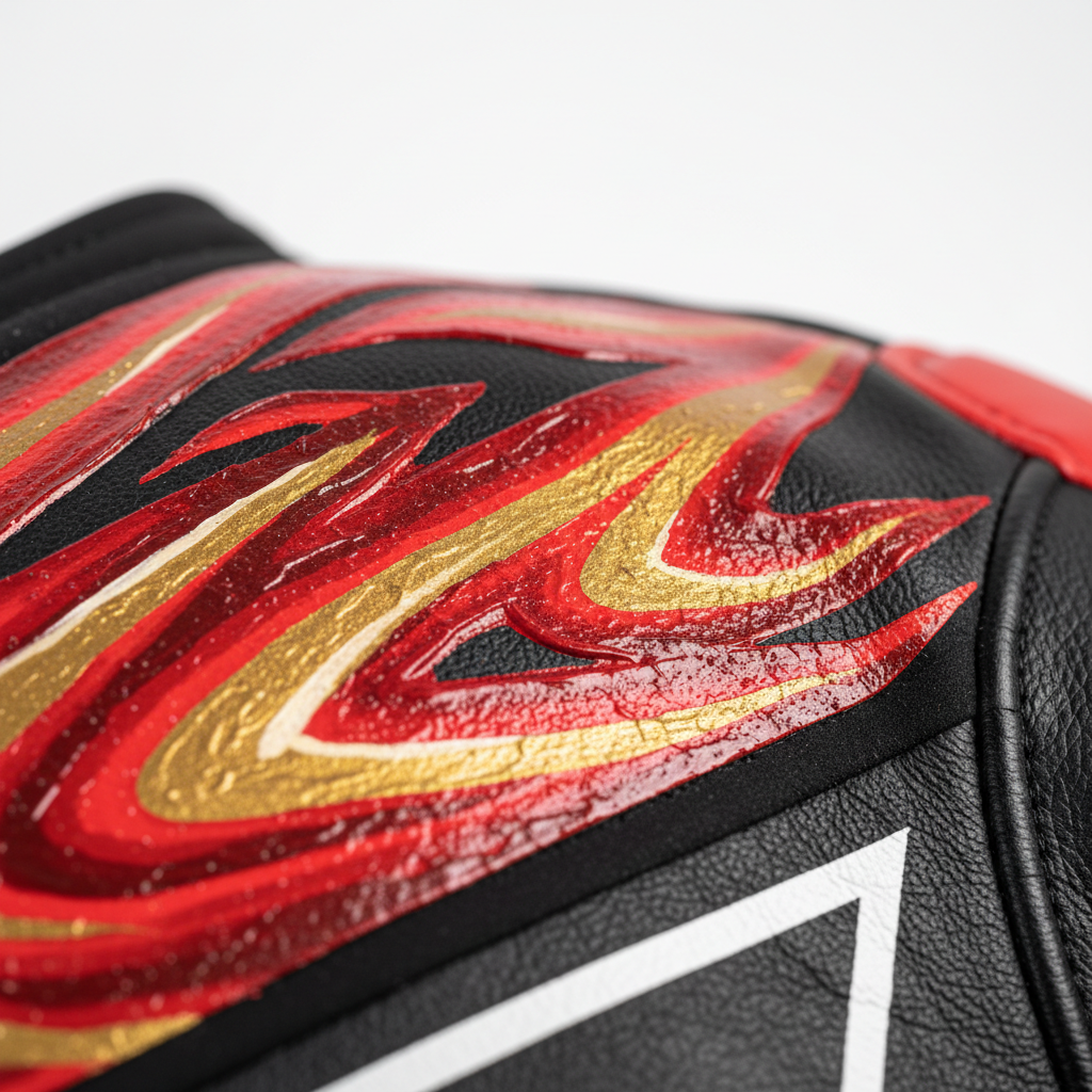 Extreme macro close-up showing visible brush strokes, paint buildup, and leather texture through hand-painted artwork on black leather motorcycle jacket