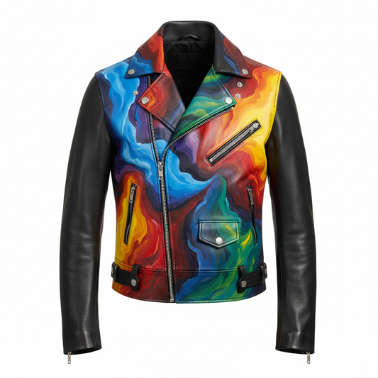 Hand-painted black leather motorcycle jacket with bold signature design artwork, front view on invisible mannequin, striking large-scale artwork on chest and shoulders
