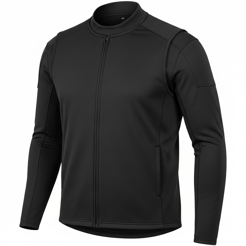 Close-up of plain black technical textile and seam detail on heated motorcycle riding vest