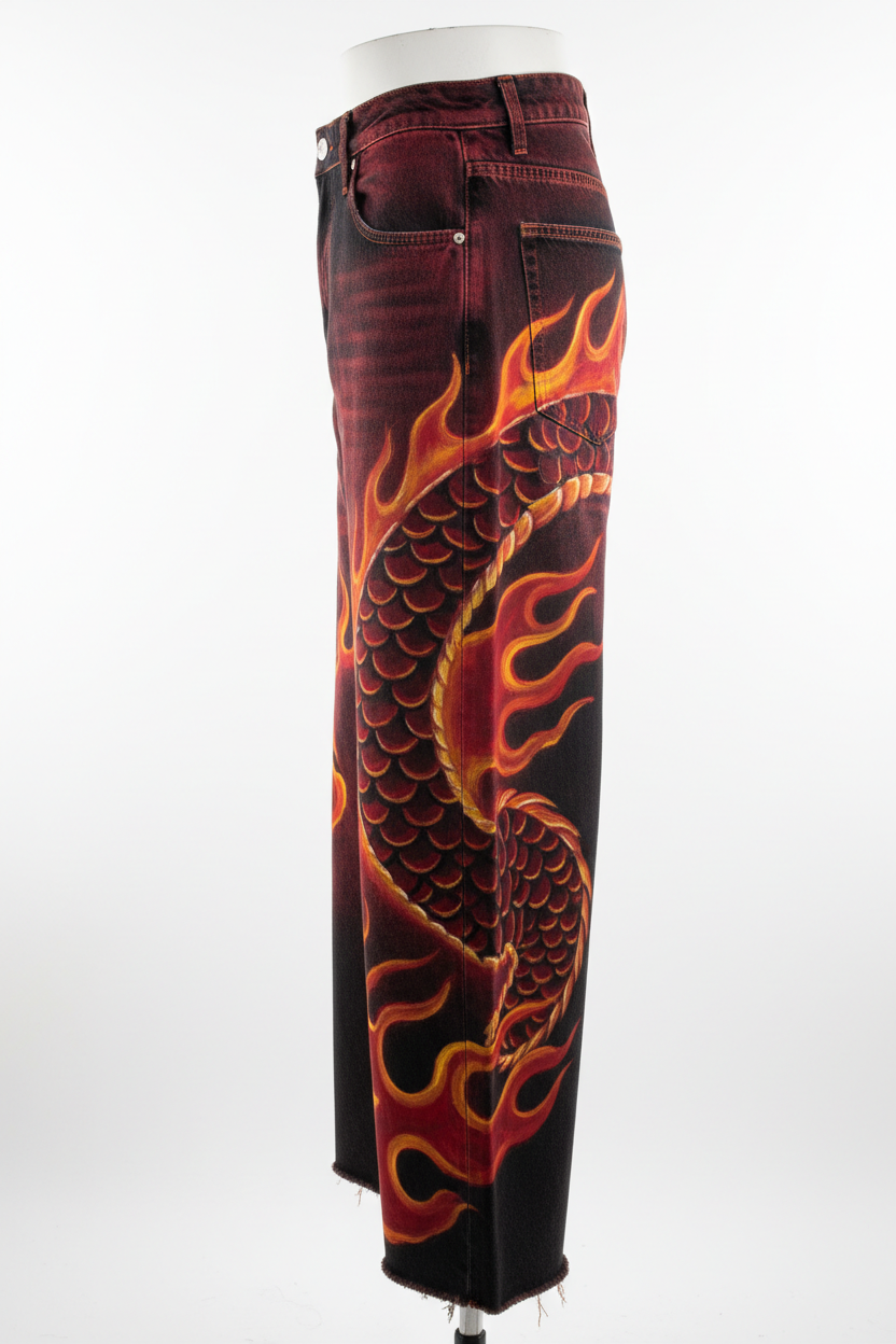 Hand-Painted Baggy Jeans Detailed Artwork - Dragon Scales Side View