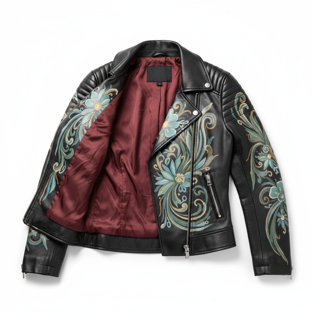 Hand-painted women's black leather motorcycle jacket with signature design, flat lay view showing full artwork and interior lining
