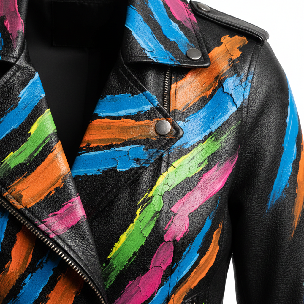Hand-painted women's black leather motorcycle jacket with bold signature design artwork, extreme detail close-up showing bold brush strokes, thick paint layers, and leather grain texture