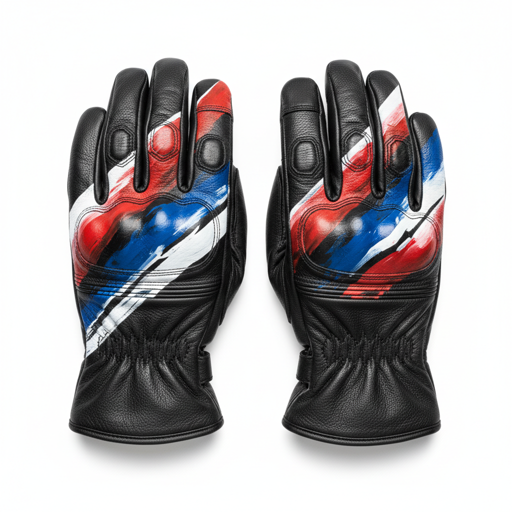 Close-up of black leather motorcycle glove grain and hand-painted red white and cobalt-blue abstract brush texture